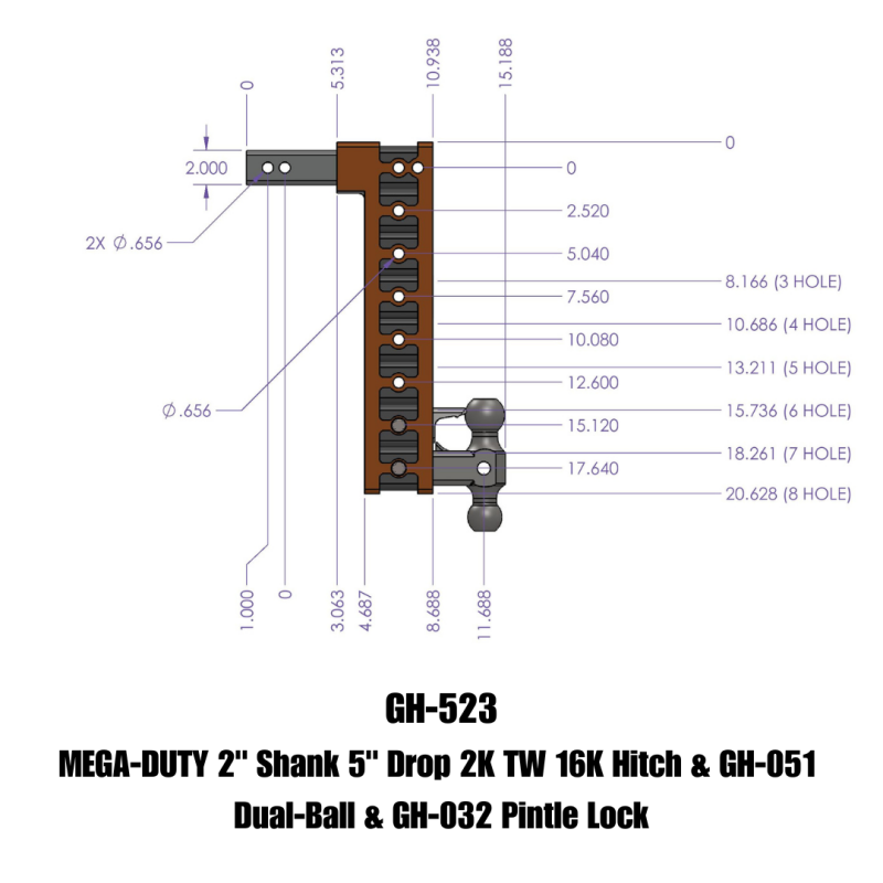 GEN-Y Hitch Gen-Y Mega Duty 2in Shank 5in Drop 2K TW 16K Hitch w/GH-051 Dual-Ball/GH-032 Pintle Lock